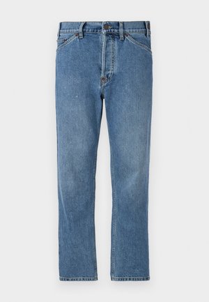 Light blue denim jeans with a straight-leg cut, featuring a zip fly, five pockets, and subtle stitching details. No embellishments or patterns.