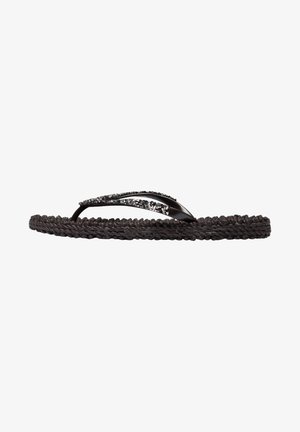 Black flip-flop sandal with a braided rubber sole, featuring a glossy strap adorned with rhinestones along the top for added detail.