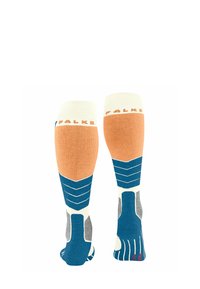 Kniestrümpfe mit einer Mischung aus Orange, Blau, Grau und Creme. Mit Zickzackmustern und gerippten Abschlüssen, mit dem Markenlogo in Orange.