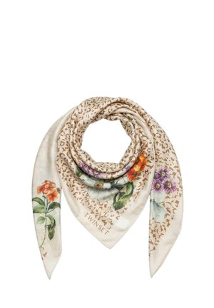 Sciarpa di seta beige con macchie astratte marroni, stampe floreali colorate e la parola "TWINSET" stampata vicino al bordo.