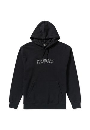 Svart huvtröja med framficka och dragskohuva, med vit Volcom Snow-logotyp centrerad på bröstet, tillverkad av mjukt tyg.