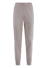 Striped pajama pants in light gray and pink. Elastic waistband, tapered legs, soft fabric, and narrow horizontal stripes.