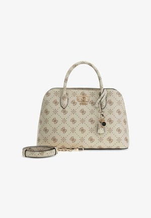 Sac à main Guess beige avec motif logo marron, poignées doubles, bandoulière amovible et quincaillerie dorée avec emblème de la marque.
