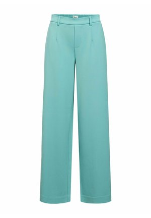 Weite Hosen aus hellblauem Stoff mit glatter Textur, versehen mit vorderen Falten und einem taillierten Design.