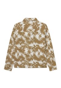 Long-sleeve shirt in brown and white pattern, with a collar, a single back pocket, and textured fabric. Relaxed fit, buttoned cuffs.
