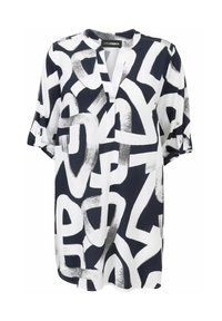 Marinebluse in Weiß mit abstraktem Pinselstrichmuster, kurzen Ärmeln, V-Ausschnitt und Knopfdetails an den Bündchen, aus leichtem Stoff gefertigt.