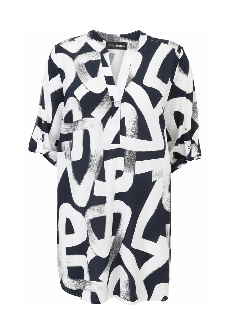 Marinebluse in Weiß mit abstraktem Pinselstrichmuster, kurzen Ärmeln, V-Ausschnitt und Knopfdetails an den Bündchen, aus leichtem Stoff gefertigt.