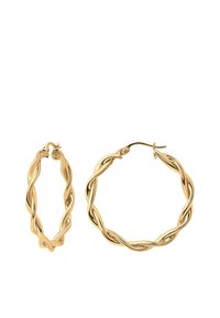 Gyldne hoop øreringe med et snoet design. En medium-størrelse og en mindre; begge viser en glat, skinnende overflade og en sikker lås.