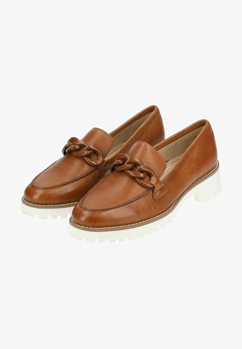 Braune Lederloafers mit einer dicken weißen Gummisohle, dekorativem Kettenverschluss über dem Spann und strukturiertem Obermaterial.