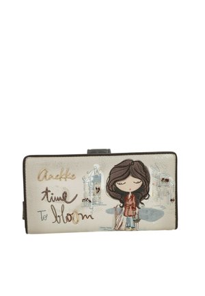 Beige wallet with a drawing of a girl holding a suitcase and handbag, featuring the words "Anekke time to bloom" on the front.