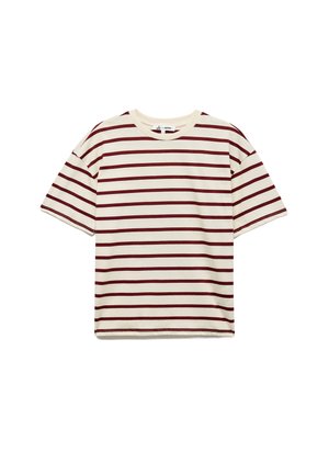 T-shirt a maniche corte, collo rotondo, di colore crema con strisce orizzontali bordeaux. Realizzato in morbido cotone con una vestibilità rilassata e dettagli di cucitura visibili.
