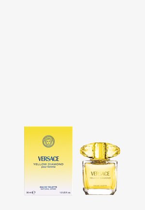 Versace Yellow Diamond, flacon en verre de 30 ml avec un bouchon jaune texturé, à côté d'une boîte jaune affichant le logo et les détails du produit.