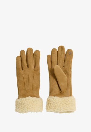 Guantes de ante en marrón claro con un esponjoso puño de piel de oveja color crema y detalles cosidos, que cuentan con un pequeño acento decorativo en forma de corazón.