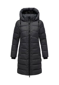 Dark gray puffer coat with a hood, featuring horizontal quilted sections, zip front closure, side pockets, and elastic cuffs.