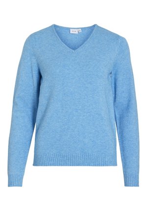 Vaaleansininen V-kaula-aukkoinen pitkähiha-pullover, jossa on resorit hihansuissa ja helmassa, valmistettu pehmeästä neuloksesta.