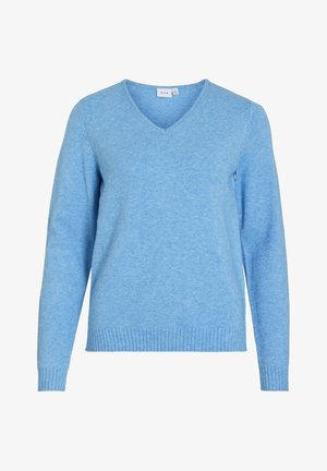 Pull léger bleu clair à col en V avec manches longues, poignets et ourlet côtelés, fabriqué en tissu tricoté doux.