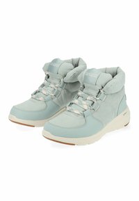 Zapatillas altas de color azul claro con acabado de ante, cuello acolchado, cordones trenzados y suela blanca gruesa. Presenta la marca "Skechers" en la parte superior.