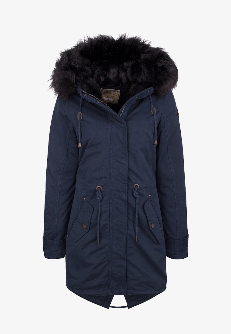 Parka de color azul marino con capucha forrada de piel, cremallera frontal, cintura con cordón y bolsillos con solapa y botón, diseñada para climas fríos.