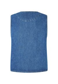 Modrá denimová bezrukávová košeľa s okrúhlym výstrihom, rovný lem a jednoduchý šev okolo okrajov. Mäkká textura a jednotná farba.