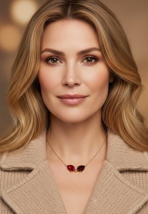 Gouden ketting met twee rode druppelvormige stenen en een centraal gouden accent, gedragen over een beige gebreide jas.