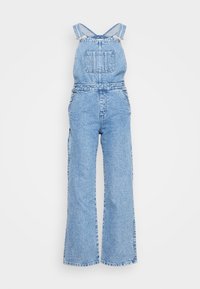Blaue Denim-Latzhosen mit weitem Bein, verstellbaren Schulterträgern, Fronttaschen und einer Rückentasche. Strukturierter Stoff mit verblichenem Finish.