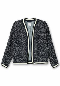 Giacca bomber navy con stampa floreale bianca, polsini e orlo a coste, apertura frontale con bordo crema, realizzata in tessuto leggero.