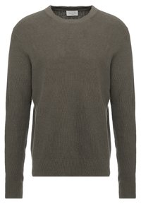 Olivgrüner Strickpullover mit Rundhalsausschnitt, langen Ärmeln und gerippter Textur. Hat eine einfarbige Gestaltung ohne Muster oder Akzente.