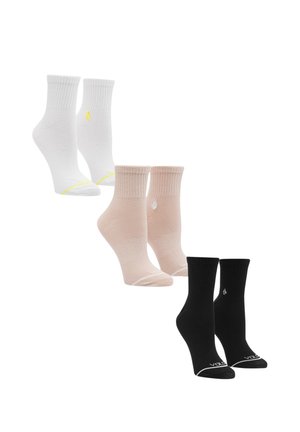 Three pairs of ankle socks: white with yellow accents, pink, and black with white detailing. All feature ribbed cuffs and soft fabric.