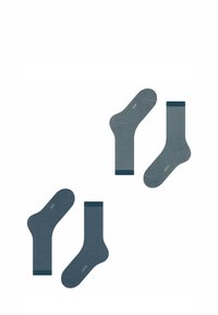 Dunkelblaue Socken mit horizontalen Streifen, die einen kontrastierenden gerippten Bund aufweisen. Die Textur scheint glatt zu sein und eignet sich für legere Kleidung.