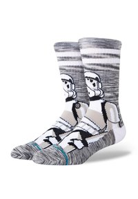 Pilkai baltos kojinės su stormtrooper dizainu, su tekstūriniu mezgimu, raišteliu viršuje ir turkio akcentu ant pirštų dalies.
