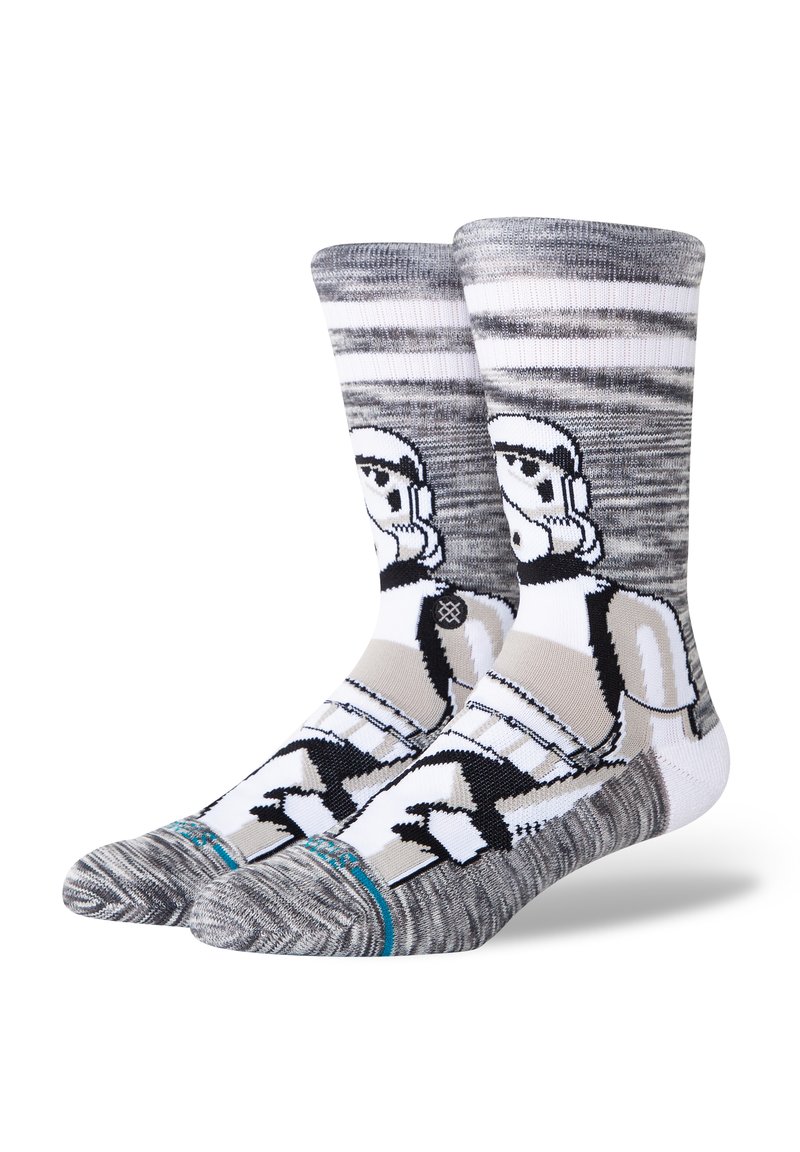 Pilkai baltos kojinės su stormtrooper dizainu, su tekstūriniu mezgimu, raišteliu viršuje ir turkio akcentu ant pirštų dalies.