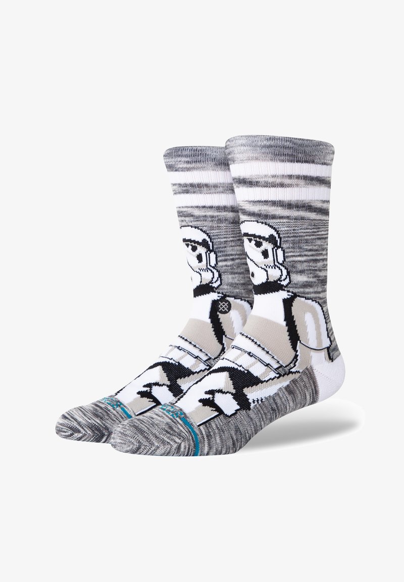 Γκρίζες και λευκές κάλτσες με σχέδιο από stormtrooper, με υφή πλέξης, ριμπ ύφανση στο μπούστο και τάρτα σε τουρκουάζ χρώμα.