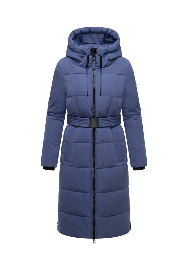 Blauer gepolsterter Mantel mit Kapuze, langen Ärmeln, tailliertem Gürtel, frontalem Reißverschluss und seitlichen Taschen. Strukturierter Stoff mit gestepptem Muster.