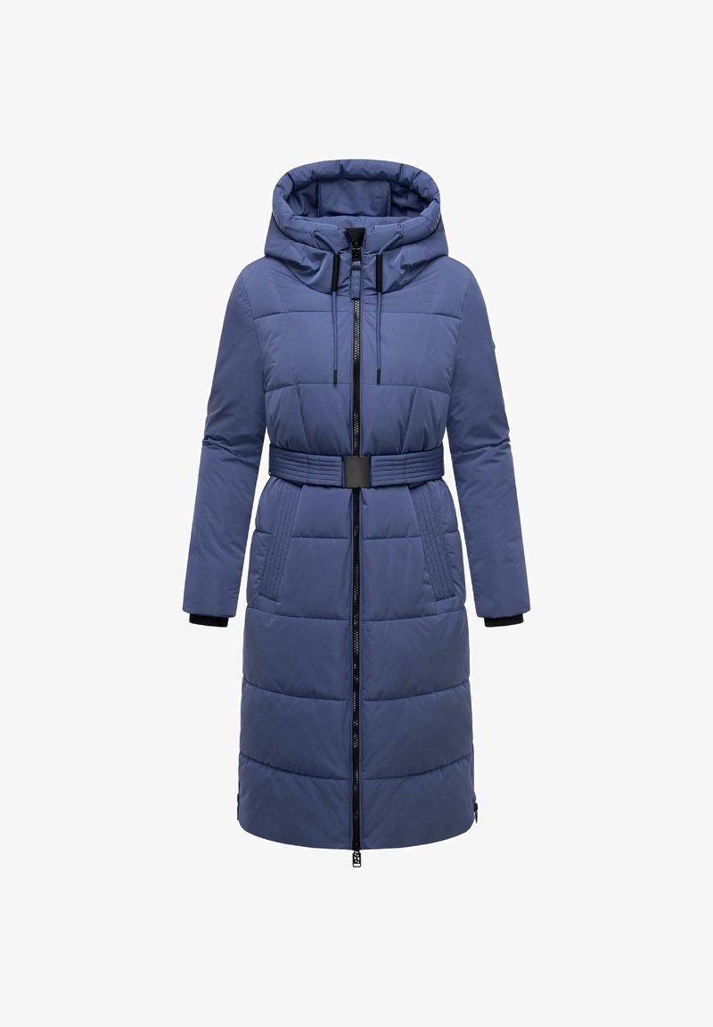 Padded blue coat with a hood, long sleeves, belted waist, front zipper, and side pockets. Textured fabric with quilted pattern.