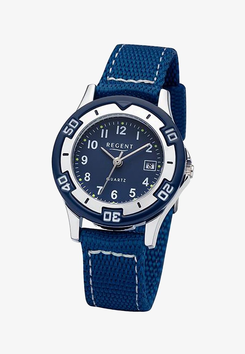 Montre-bracelet bleue avec bracelet en tissu, lunette argentée marquée de 10 à 50, cadran analogique indiquant 2h11, fenêtre de date à 3 heures, et branding "Regent Quartz".