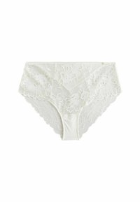 Hvide blonde hipster trusser med blomster mønstre, en glat elastik i taljen og bølgede kanter. Blød, gennemsigtig tekstur med et matchende indre for. 