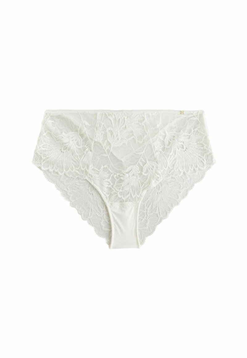 Hvide blonde hipster trusser med blomster mønstre, en glat elastik i taljen og bølgede kanter. Blød, gennemsigtig tekstur med et matchende indre for. 