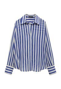 Chemise à manches longues rayée bleu et blanc avec un col à revers, une fermeture boutonnée à l'avant, et des poignets rayés contrastants. Texture de tissu léger.