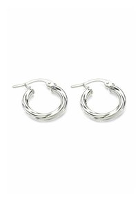 Pendientes de aro plateados con un diseño retorcido, superficie pulida y cierre de poste con bisagra. Forma redondeada y ligeros.