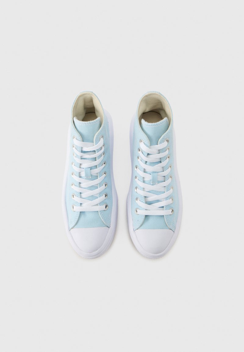 Paar hellblaue High-Top-Sneaker mit weißen Schnürsenkeln und weißen Gummispitzen auf hellgrauem Hintergrund.