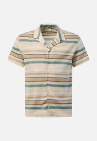 Chemise à manches courtes boutonnée avec motif à rayures horizontales en zigzag beige, vert, noir et blanc et col camp.