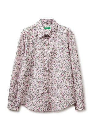 Langärmliges Hemd mit Knopfleiste, rosa-grünem Blumenmuster auf hellrosa Hintergrund, mit klassischem Kragen und körpernahen Manschetten.