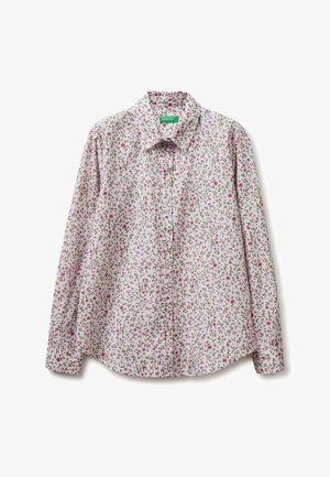 Camicia con bottoni a maniche lunghe con motivo floreale rosa e verde su sfondo rosa chiaro, caratterizzata da un colletto classico e polsini aderenti.