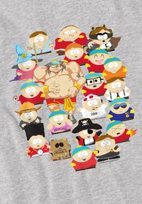 Illustration featuring multiple cartoon characters with various clothing, colors, and accessories; set against a grey background.
