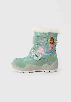 Bērnu zaļas ziemas zābaki ar mermaid dizainu, spīdīgām siksnām, mākslīgo spalvu oderi un izturīgu zoli āra lietošanai.