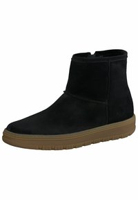 Botines de ante negros con una textura suave, costuras mínimas y una suela de goma marrón con detalles acanalados para un mejor agarre.