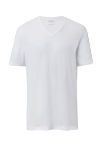 Witte katoenen t-shirt met korte mouwen en V-hals, met een subtiel reliëflogo op de borst. Gladde textuur, klassieke pasvorm, geen patronen.