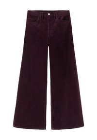 Pantalones de pana de pierna ancha en un profundo burdeos, con una cintura alta, cierre de botón y diseño clásico de cinco bolsillos con textura acanalada.