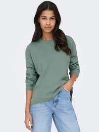 Pull vert à col rond en tissu doux, avec des manches longues, une coupe décontractée et un ourlet arrière plus long, associé à un jean bleu clair.