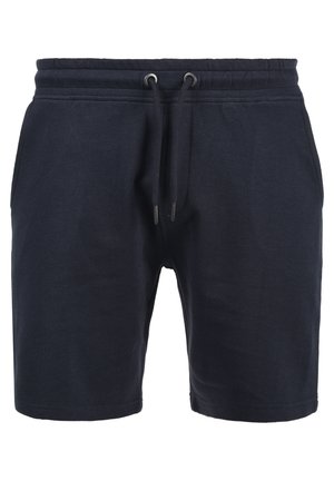 Shorts décontractés pour hommes bleu marine avec ceinture élastique et cordons ajustables, fabriqués en tissu texturé.